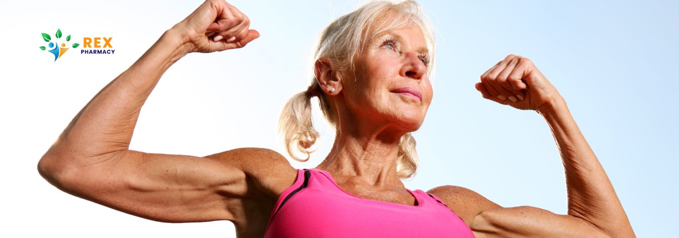 Older woman flexing after weight loss