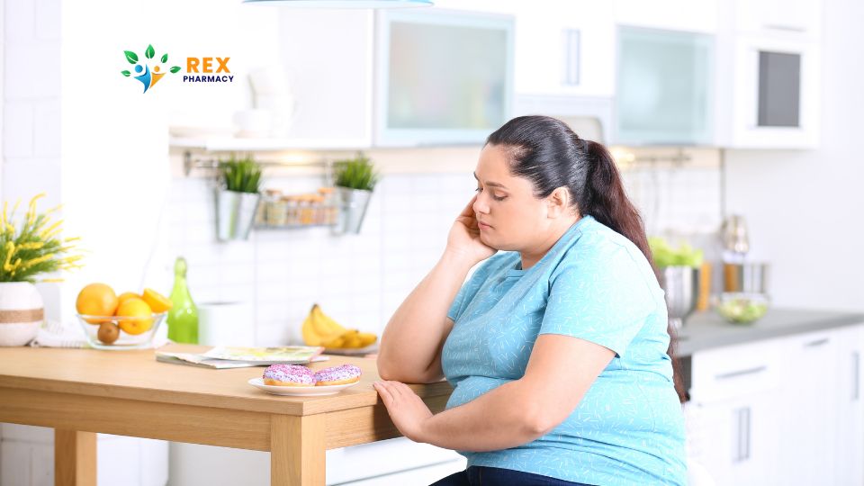 Sad, overweight woman considering her weight loss options